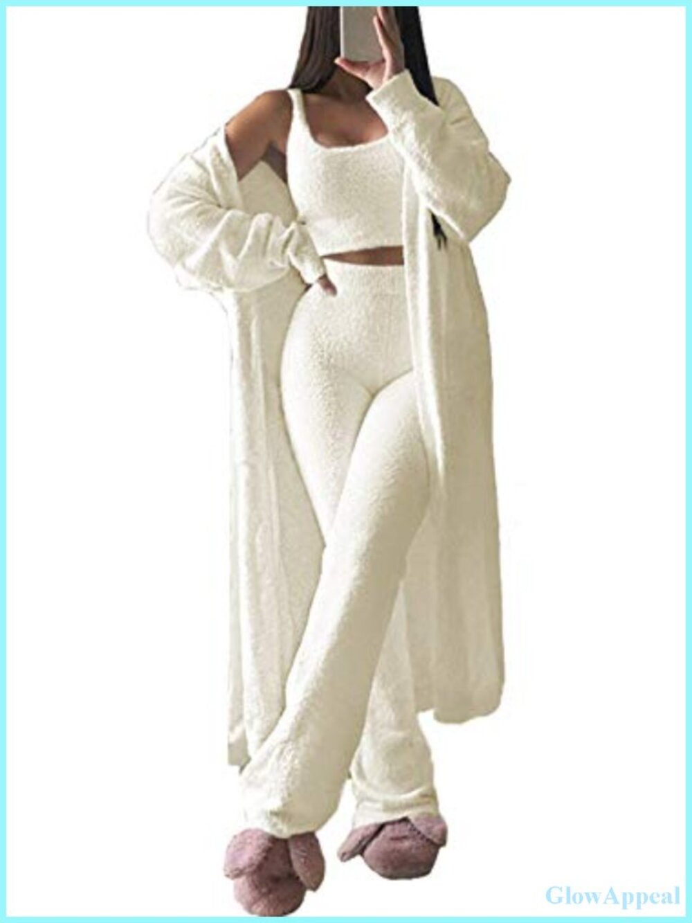 Fuzzy 3 Piece Lounge Set Crop Tank Wide Leg Pants Cardigan